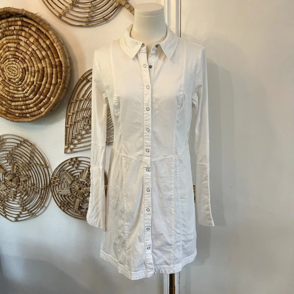 Free People Thea White Mini Shirt Dress Cotton Button Front Fitted M - Picture 2 of 9